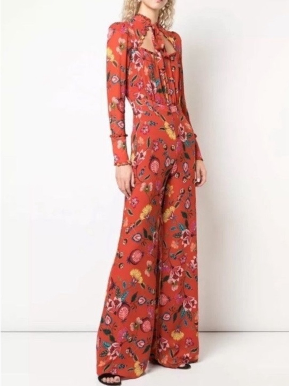 Alexis Imogene Tie Neck Wide Leg Jumpsuit Size M Red Floral Print Wedding Guest